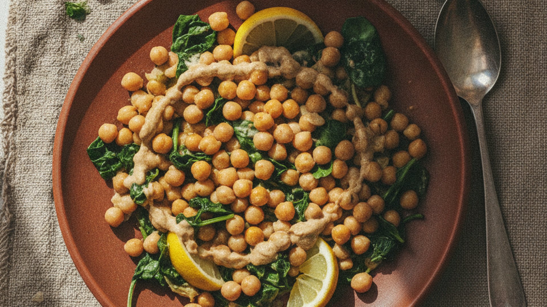 Kichererbsen-Tahini-Pfanne mit Spinat & Zitrone