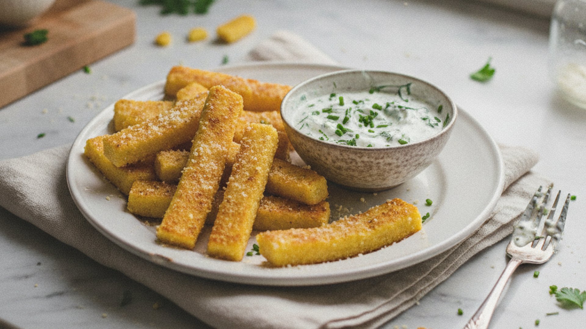 Knusprige Polenta-Sticks mit Kräuter-Joghurt-Dip